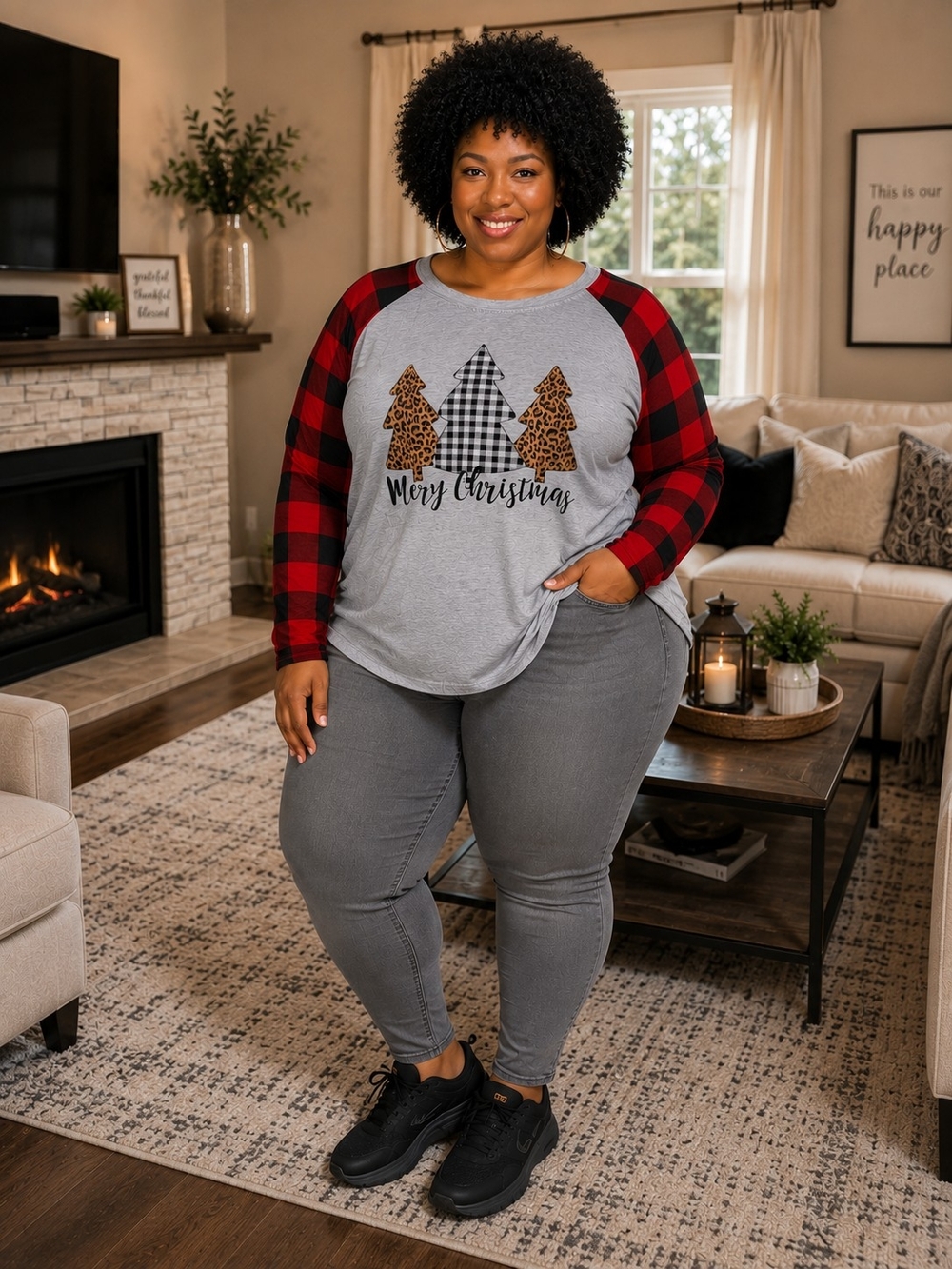 Grey Christmas Raglan Tee with Red Buffalo Plaid Sleeves